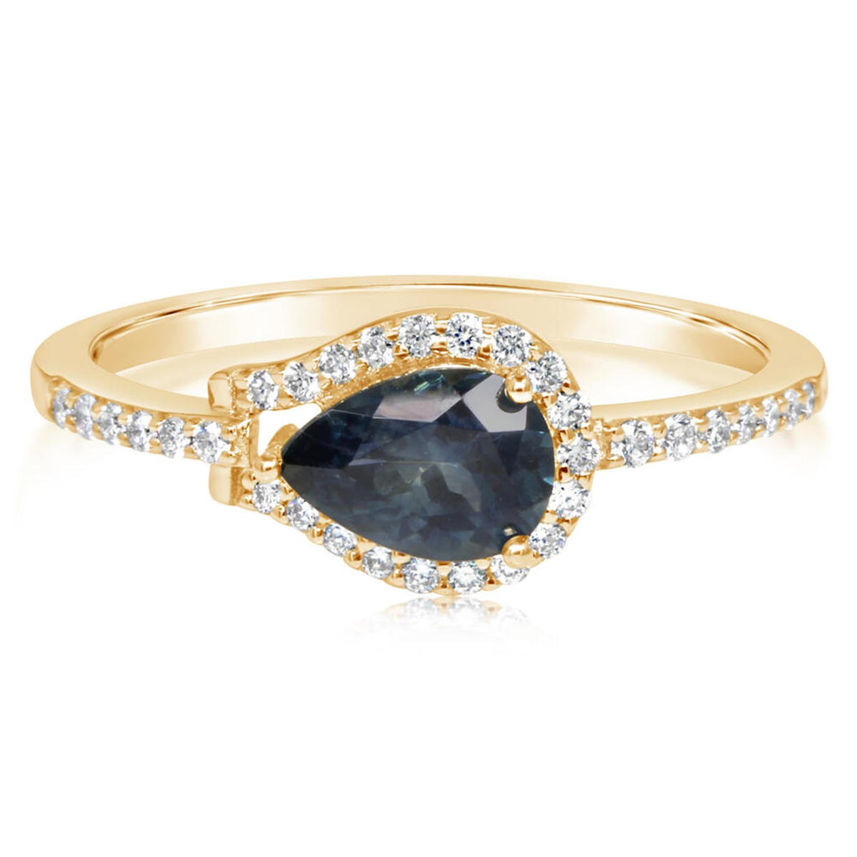 14Kt Yellow Gold Halo Ring with .95Ct Pear Shaped Montana Sapphire Set East to West and 32.17cttw Natural Diamonds (Color G-H, Clarity SI1)