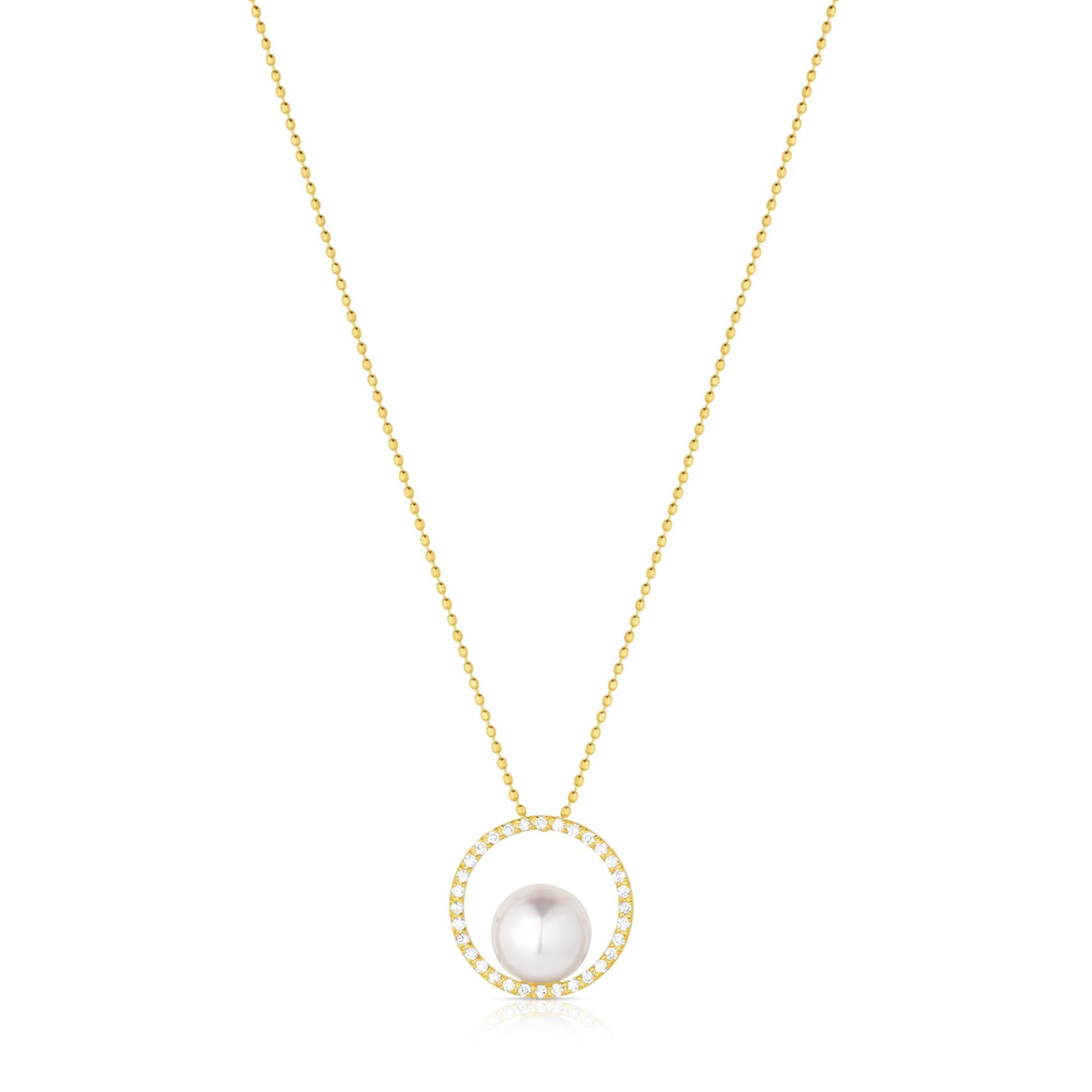 18Kt Yellow Gold Circle Pendant with 7.5-8mm Akoya Cultured Pearl and 32.16cttw Natural Diamonds (Color H-I, Clarity SI1) on an 18"Adjustable Bead Chain