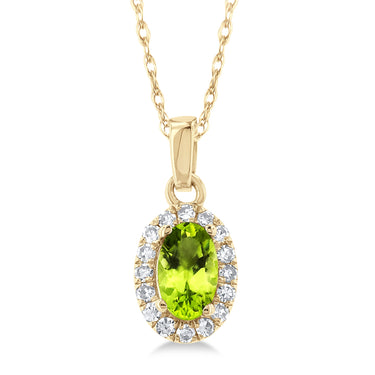 10Kt Yellow Gold Halo Birthstone Pendant with 5x3mm Oval Peridot and .07cttw Natural Diamonds (Color H-I, Clarity SI2)  on an 18" Chain