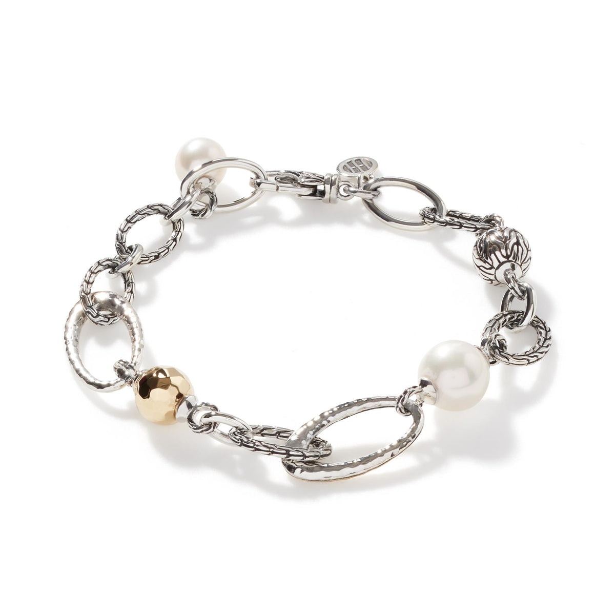 John Hardy Sterling Sterling Silver and 18Kt Goldd Link Bracelet With Fresh Water Pearls