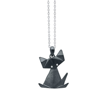 Sterling Silver Mini Black Satin Finish Origami Cat Pendant with Diamond Eyes