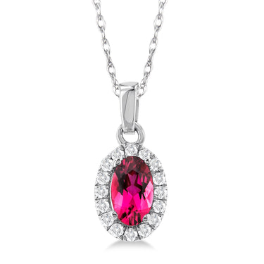 10Kt White Gold Halo Birthstone Pendant with 5x3mm Oval Pink Tourmaline and .07cttw Natural Diamonds (Color H-I, Clarity SI2)  on an 18" Chain