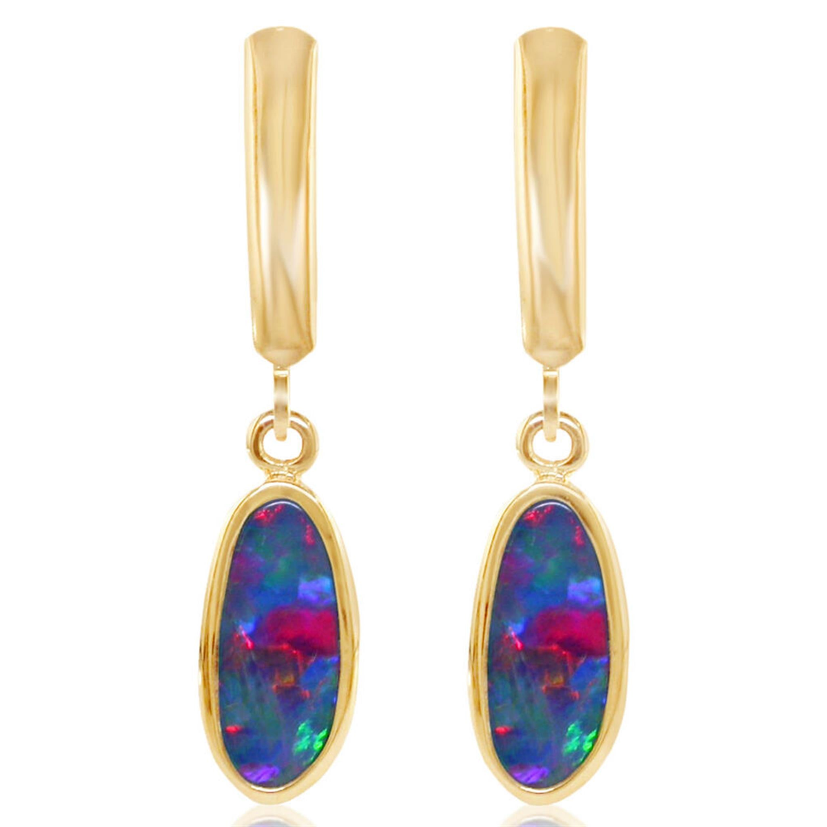 14Kt Yellow Gold Dangle Earrings with Bezel Set Australian Opal Doublets