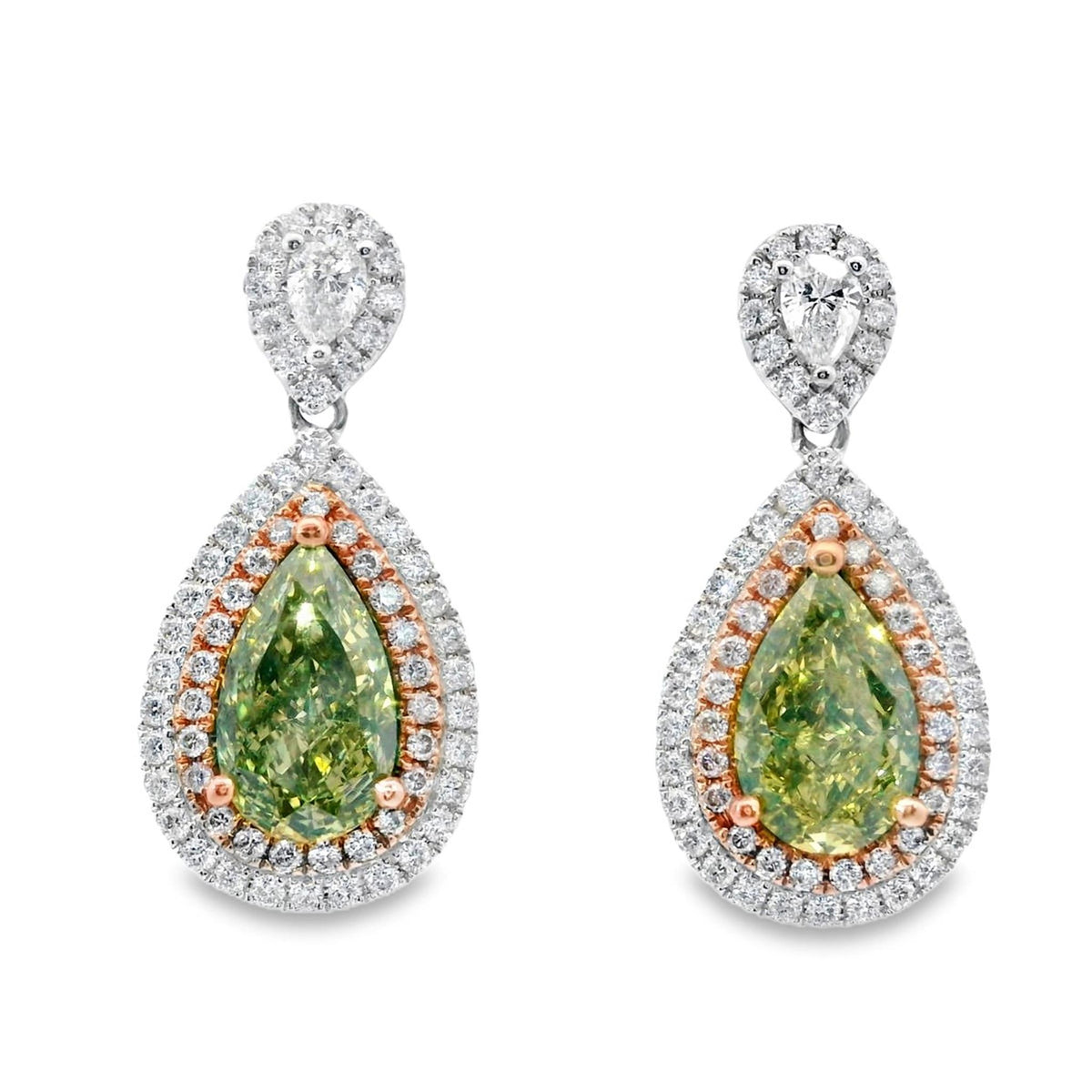 18Kt White and Yellow Gold Double Halo Post Dangle Earrings with 2=3.44Cttw Green Pear Shaped Diamonds