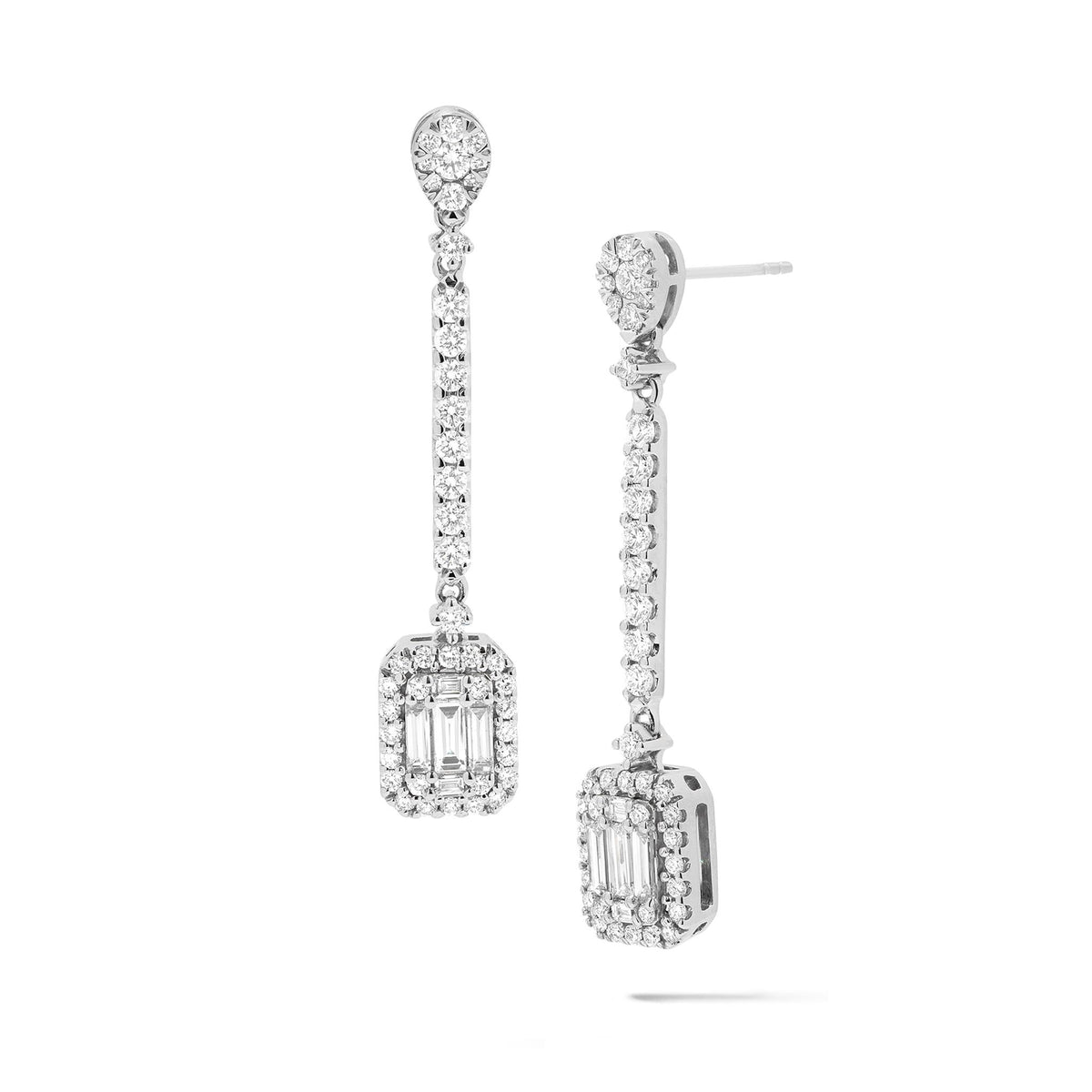 Lasker Couture 18Kt White Gold Swinging Fusion Baguette Drop Earrings with 1.30cttw Natural Baguette and Round Diamonds