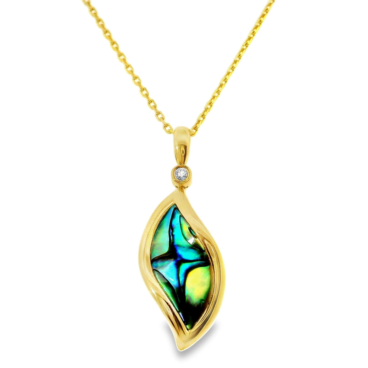 Frederic Sage 14Kt Yellow Gold Curved Venus Leaf Pendant With Abolone Inlay