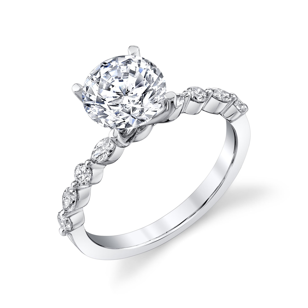 Pure Lasker Platinum Collection Vanessa Engagement Ring with Alternating Natural Marquise and Round Diamonds  8.34cttw (Color G-H, Clarity SI1) Center Diamond Of Your Choice Sold Separately.