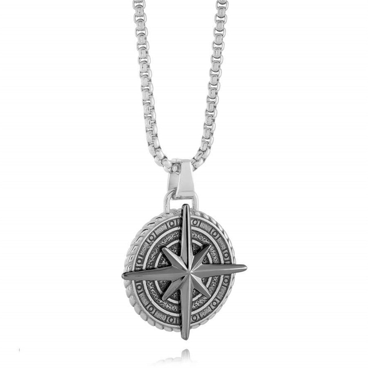 Italgem Stainless Steel Gun Metal IP Plated Northstar Pendant and Round Box Chain Necklace