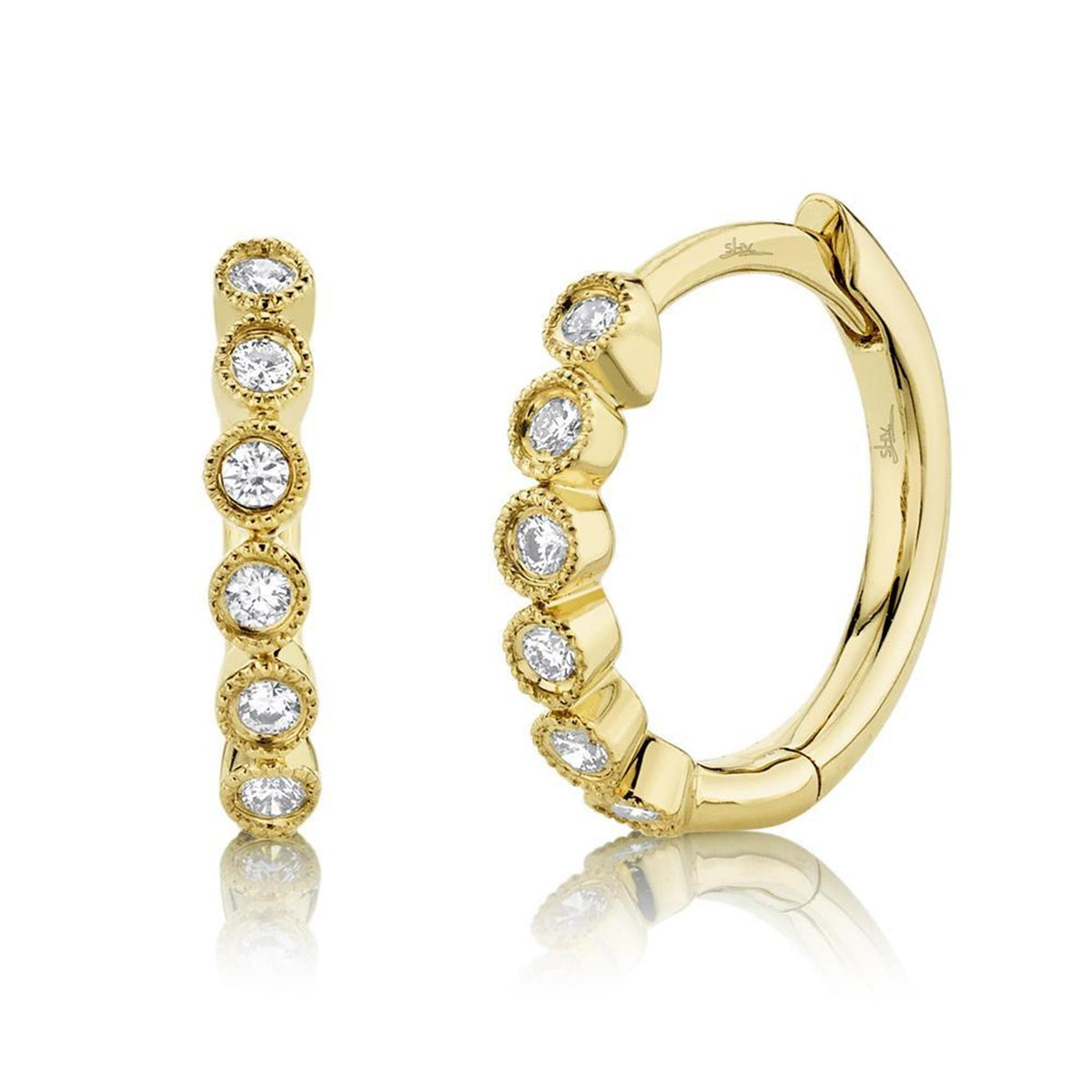 Shy Creation Gold Beaded Bezel Set Diamond Huggie Earrings