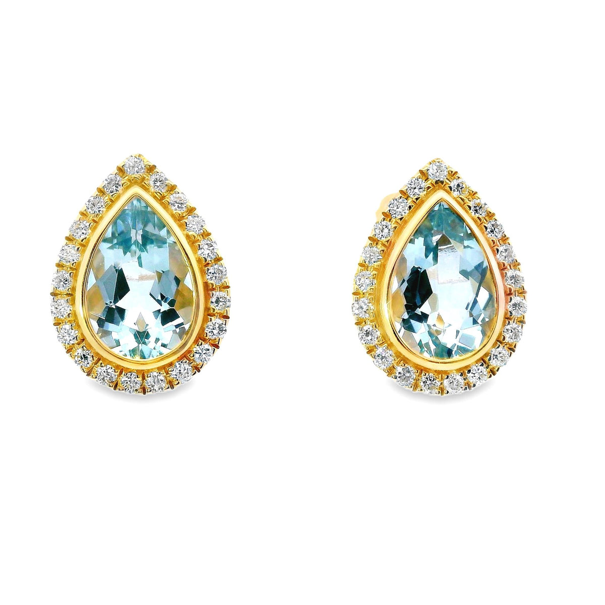 14Kt Yellow Gold Bezel Set Halo Stud Earrings With 2.27cttw Aquamarines