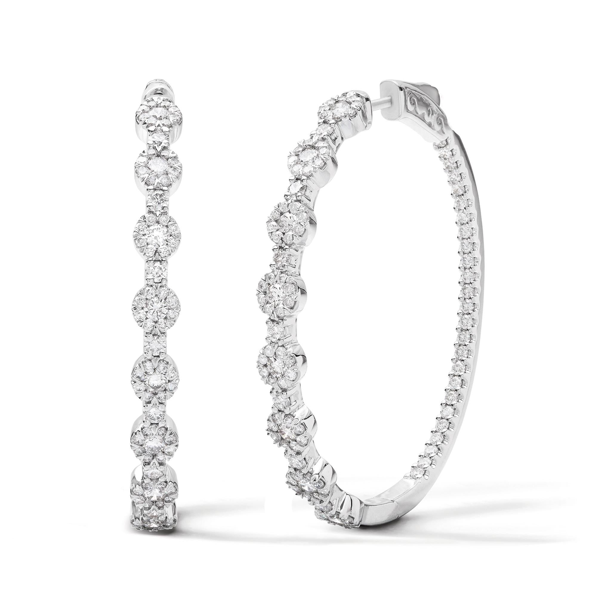 Lasker Couture 36mm 18Kt White Gold Fiori Station Hoop Earrings with 2cttw Natural Lovebright Diamonds