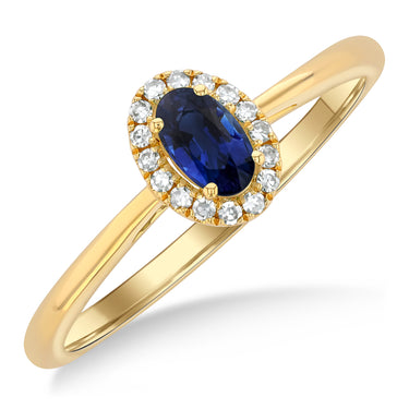 10Kt Yellow Gold 5x3mm Oval Blue Sapphire & 0.07cttw Diamond Halo Ring