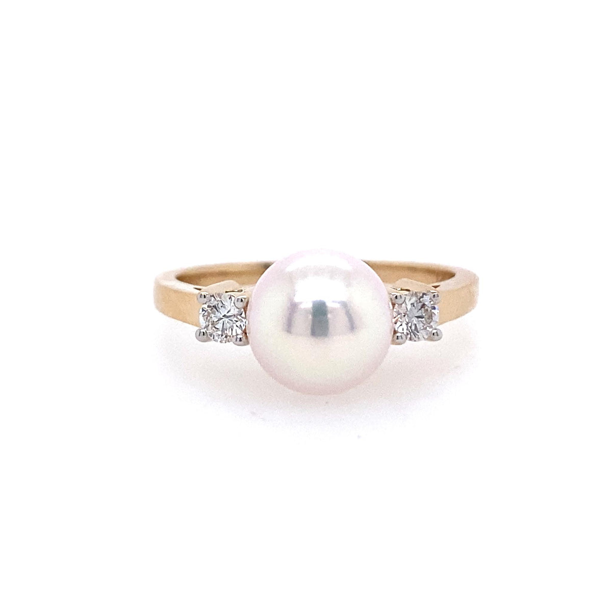 14Kt Yellow Gold 3 Stone Ring With 8.5mm Akoya Cultured Pearl