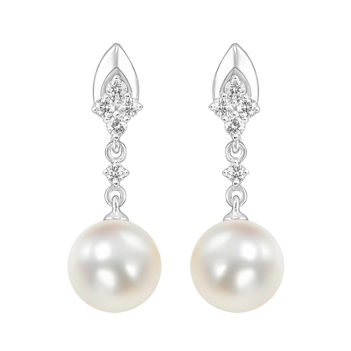 14Kt White Gold Dangle Earrings With 7mm Fresh Water Cultured Pearl