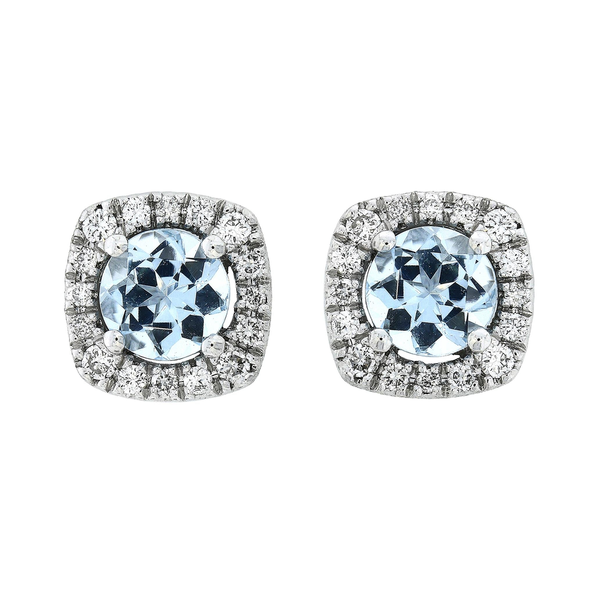 14Kt White Gold Halo Stud Earrings With .92cttw Round Aquamarine And Diamonds