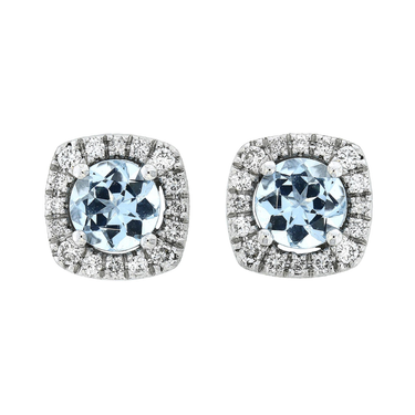 14Kt White Gold Halo Stud Earrings with .92cttw Round Aquamarine And Natural Diamonds
