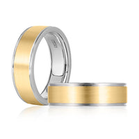 A. Jaffe Expandable 7.5mm Two-Tone 14Kt Yellow Gold Satin Center 14Kt White Gold High Polish Edges Men's Ring