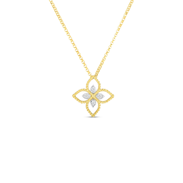Roberto Coin 18Kt Yellow and White Gold Principessa 0.04cttw Round Natural Diamond Flower Necklace