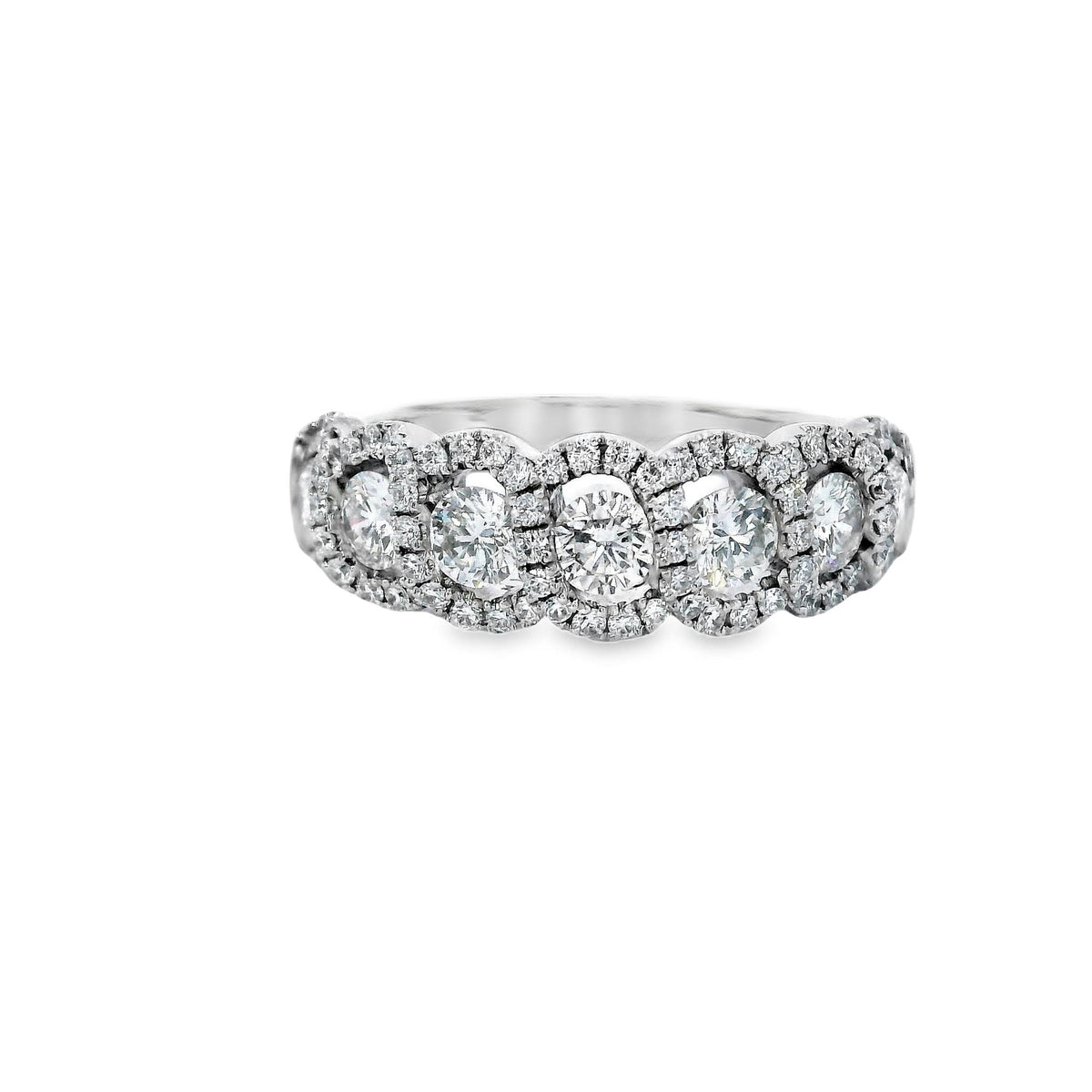 14Kt White Gold Band with 7 Natural Prong Set Diamonds and Halo Accent Diamonds