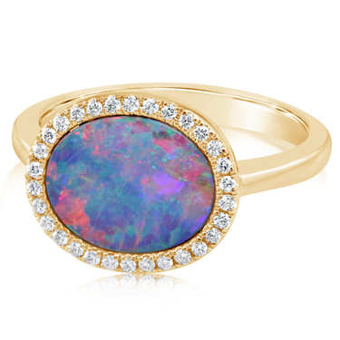 14Kt Yellow Gold 2.46ct Australian Opal Doublet Natural Diamond Halo Ring