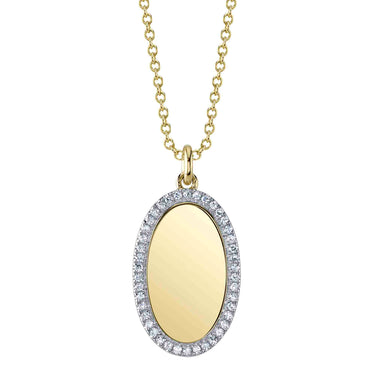 Shy Creations 14Kt Yellow Gold  Oval Disc Necklace with .11 Natural Diamond Halo, Satin Finish on an 18" Adjustable Cable Chain