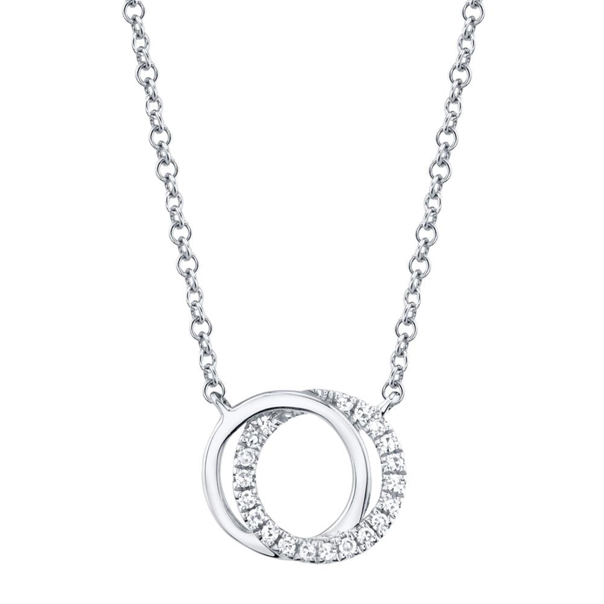 You  Me intersecting circle pendant in 14kt white go with .07cttw diamond accent on 18" adjustable length chain