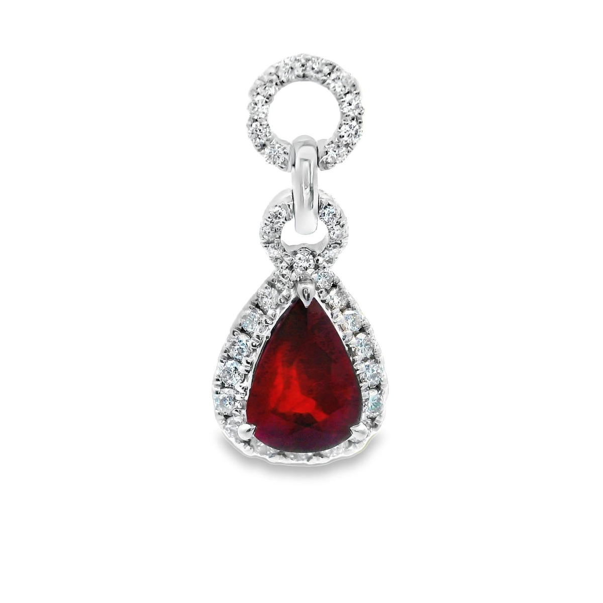 18Kt White Gold Halo Pendant with 1.13Ct Pear Shaped Ruby and 34.25cttw Natural Diamonds (Color G-H, Clarity SI1)