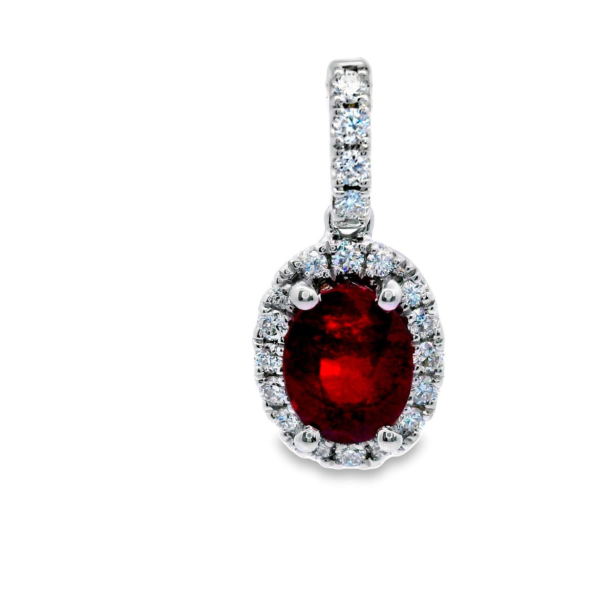 18Kt White Gold Oval Halo Pendant with Ruby and Diamonds