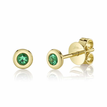 Shy Creation 14Kt Yellow Gold Bezel Set Natural Emerald Stud Earrings