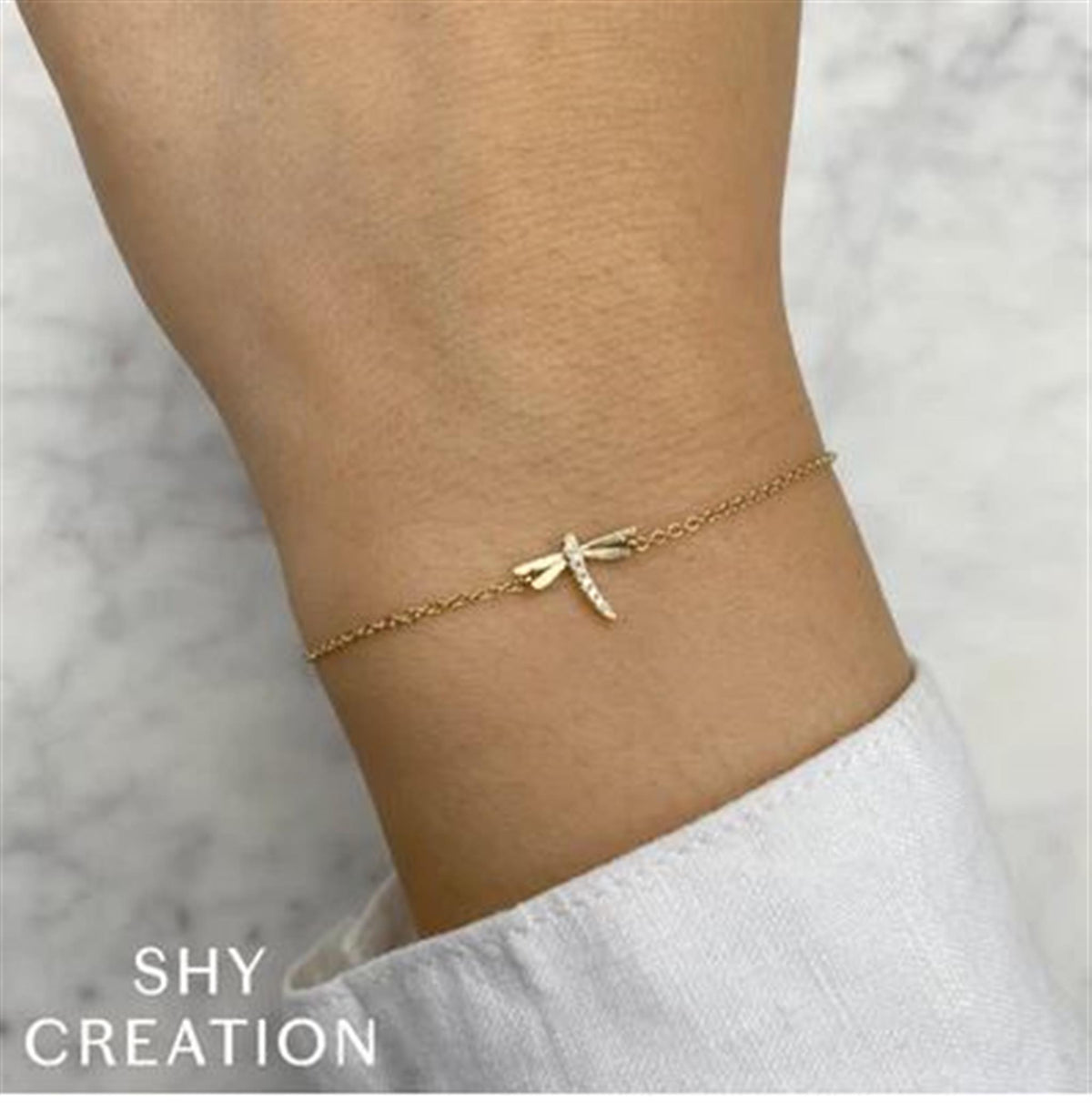 Shy Creation 14Kt Yellow Gold 7" Adjustable Dragonfly Bracelet with Natural Accent Diamonds