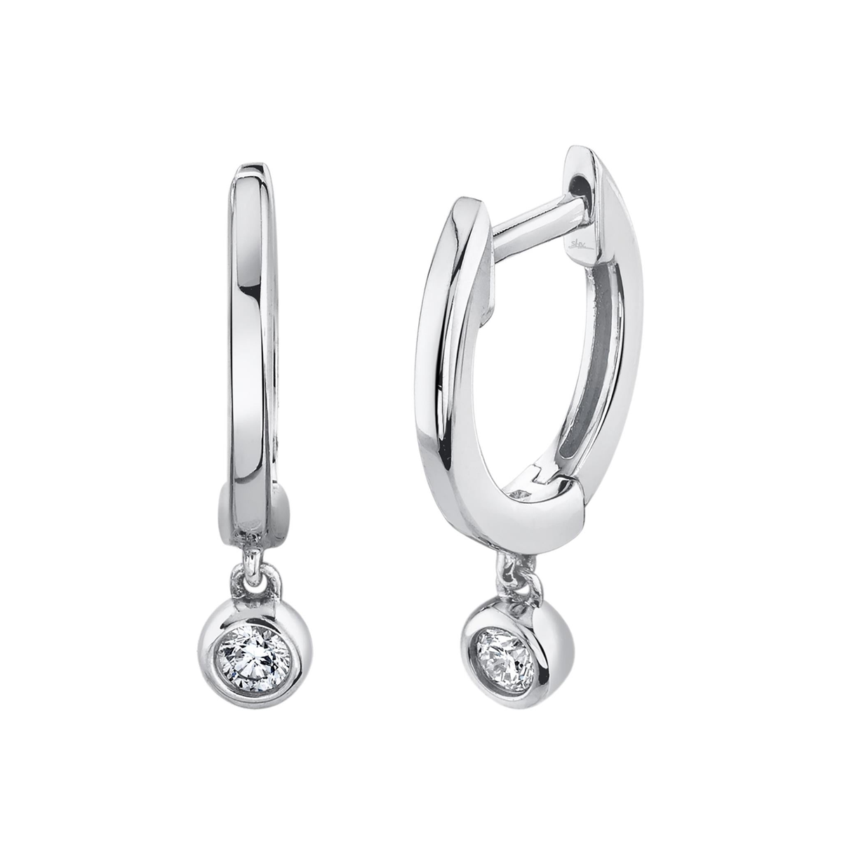 Shy Creation 14Kt White Gold Bezel Set Natural Diamond Dangle Huggie Hoop Earrings