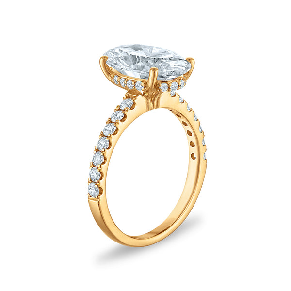 Max 8EX 14Kt Yellow Gold 4ct Lab-Created Oval Diamond Hidden Halo & Pave Band Engagement Ring with GCAL 8EX Report.