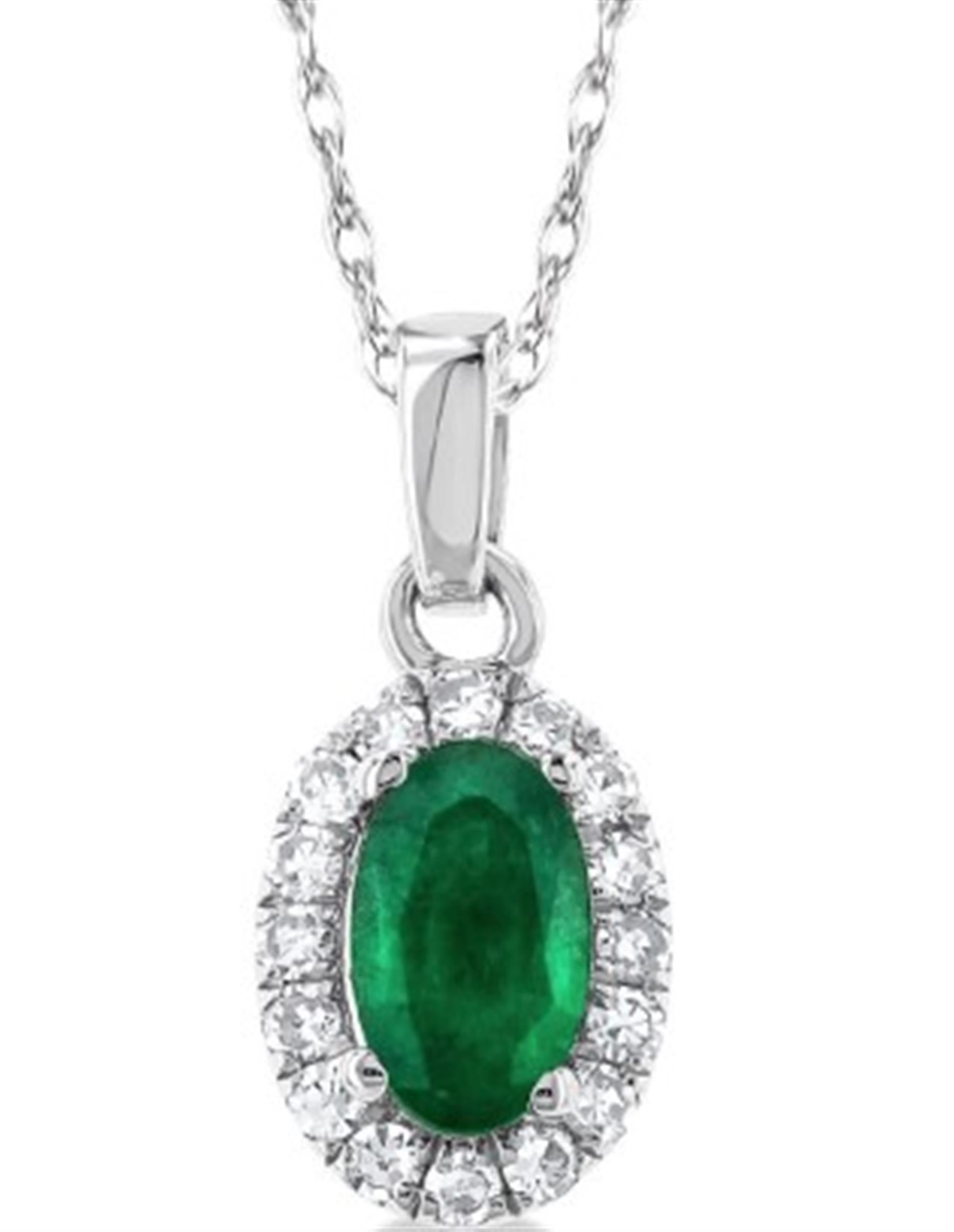 10Kt White Gold Center Of My World Halo Pendant With Emerald and Natural Diamonds