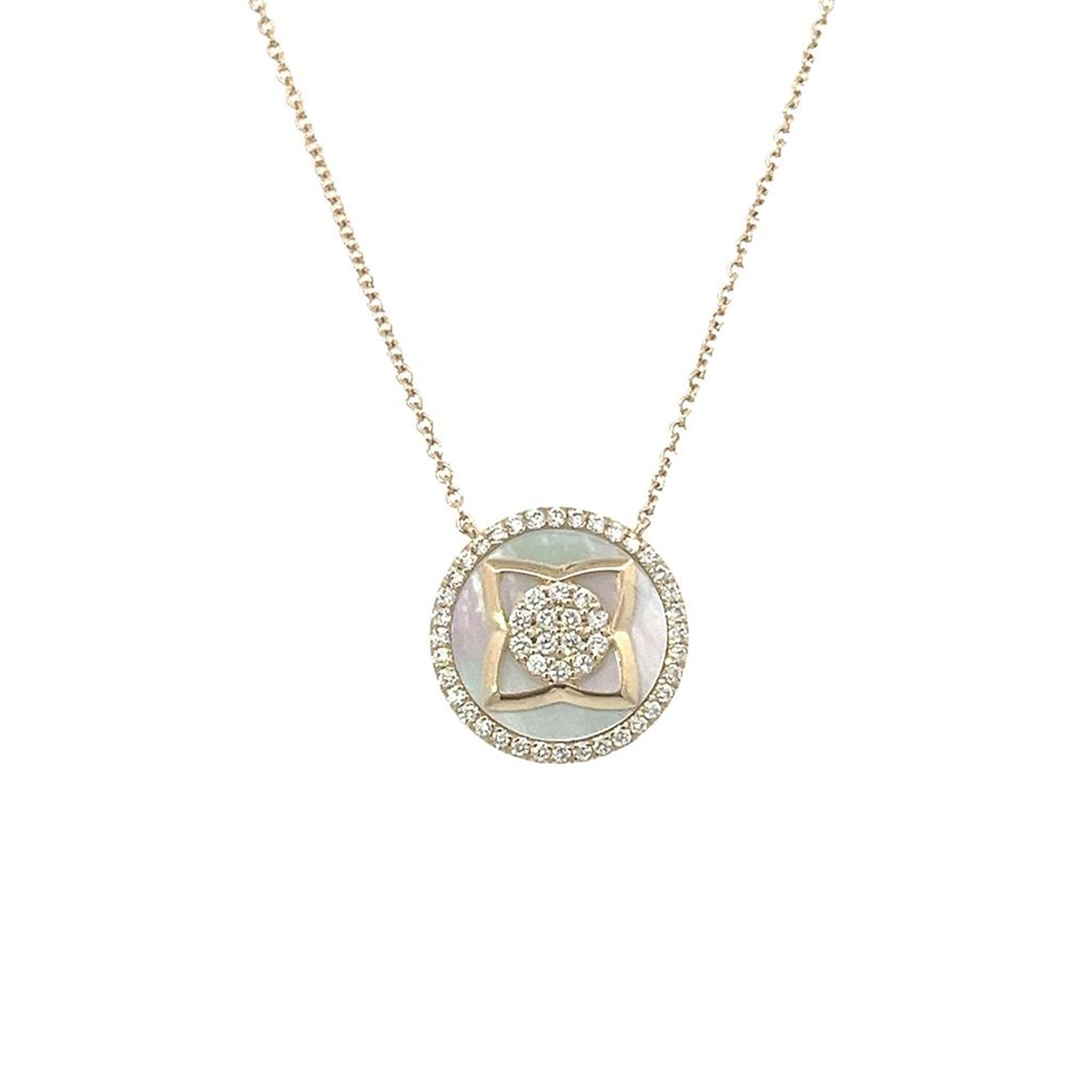 14Kt Yellow Gold Mother Of Pearl Disc Inlay Diamond Necklace