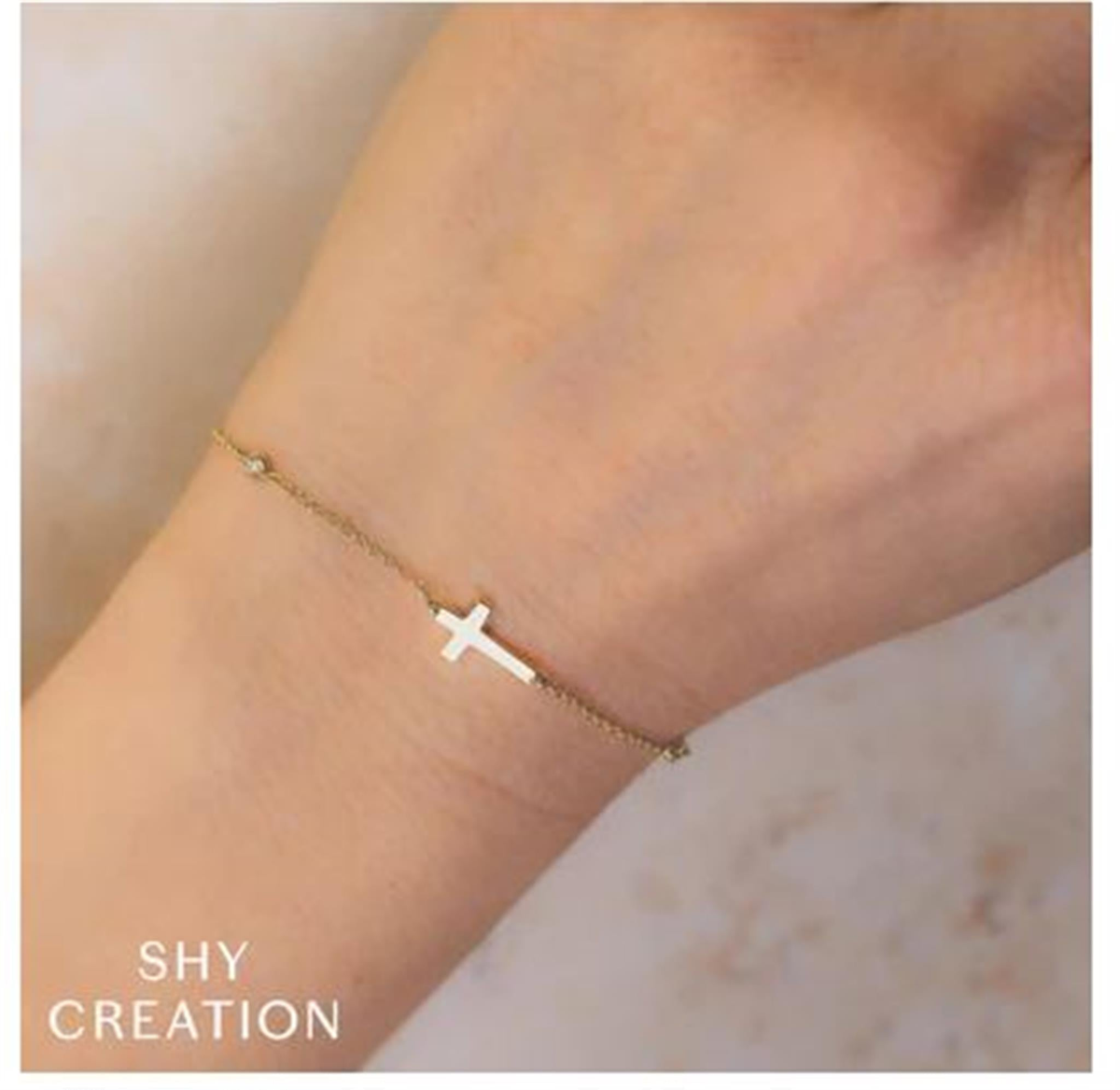 Shy Creation 14Kt Yellow Gold Cross and Bezel Set Natural Diamond Bracelet