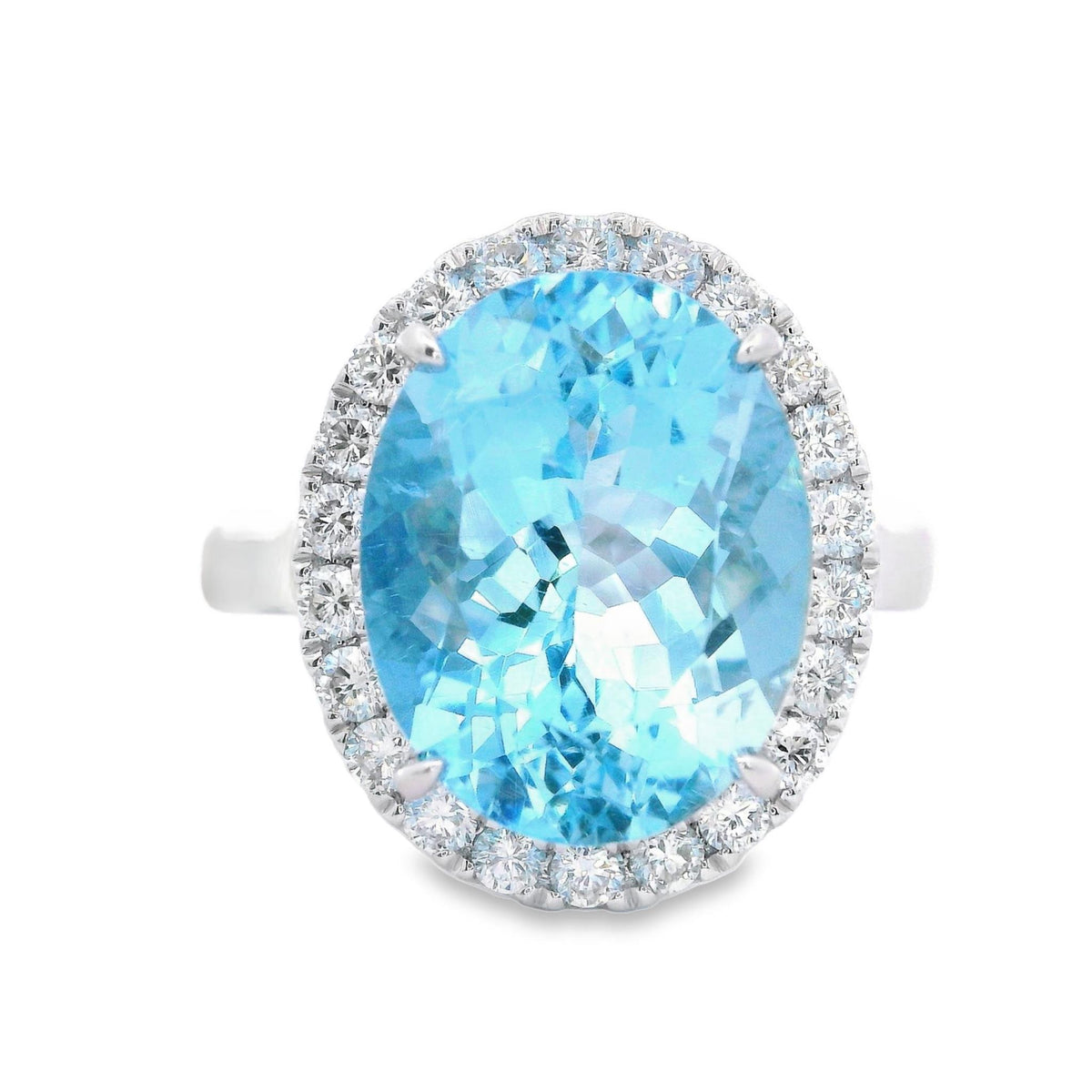 18Kt White Gold Halo Ring With 5.39ct Oval Aquamarine and Natural Diamonds