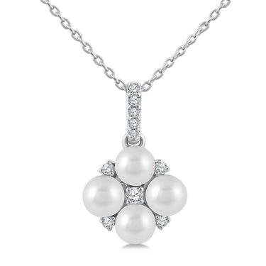 10Kt White Gold 3mm Floral Cultured Pearl Pendant with .08Cttw Natural Diamonds on an 18" Chain