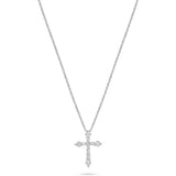 White gold cross pendant necklace with round diamond accents on a delicate chain.