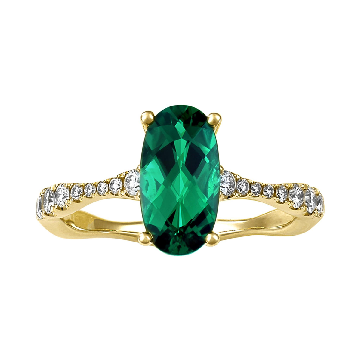 14Kt Yellow Gold Checkerboard Cut Elongated Oval Chatham Created Emerald Ring with Lab Grown Diamonds