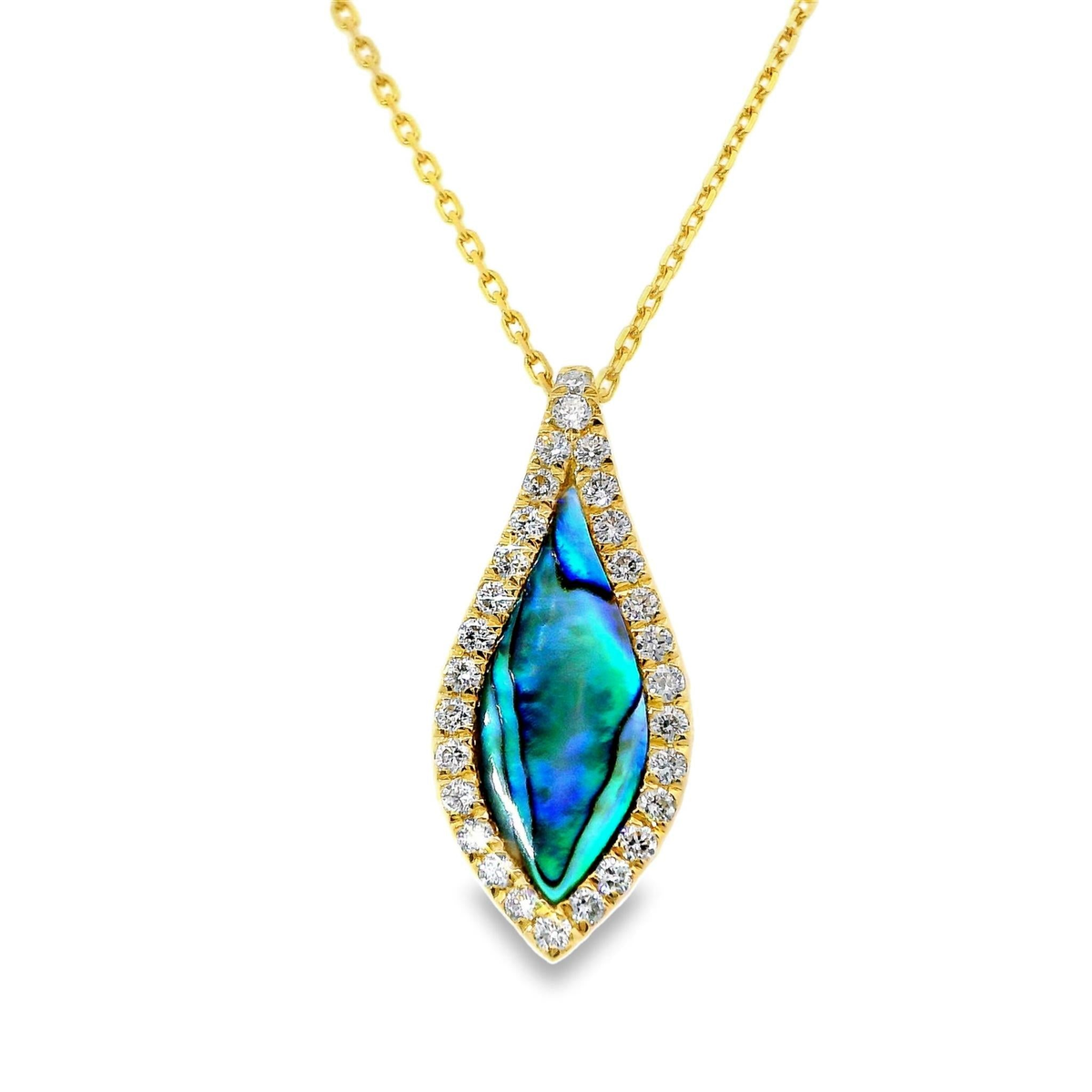 Frederic Sage 14Kt Yellow Gold Venus Leaf Pendant with Abolone Inlay and Round Natural Diamonds