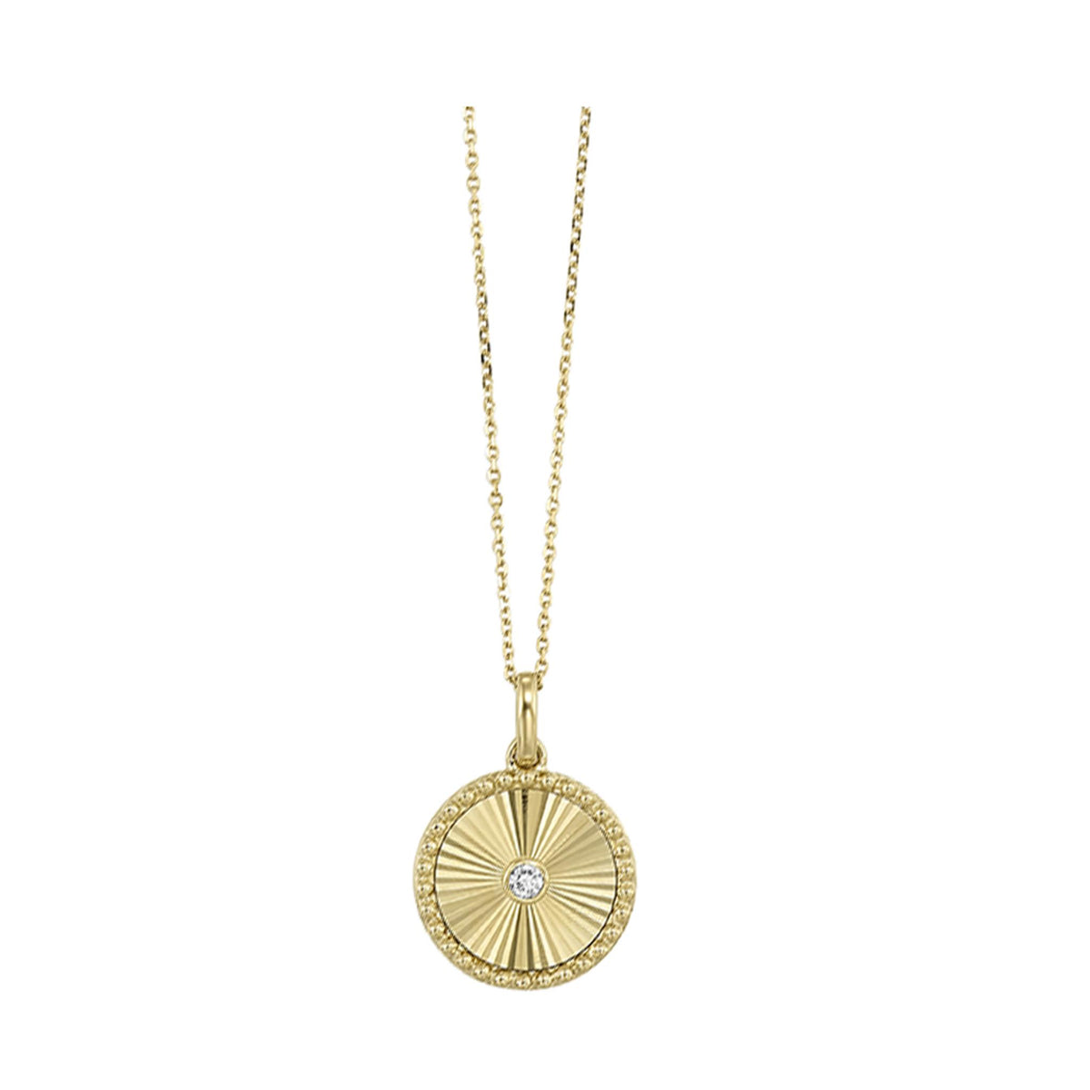 10K Yellow Gold Sunburst Disc Pendant with .05 Diamond on 18" Cable Chain