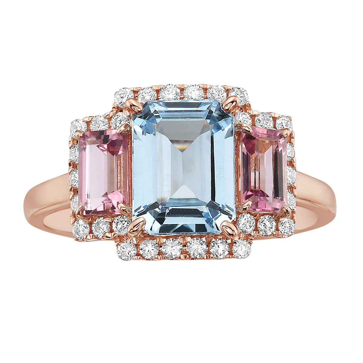 18K Rose Gold 3-Stone Ring with 2.25ct Blue Topaz and 2=.60cttw Pink Tourmaline with .24cttw Natural Diamonds - Size 6.5