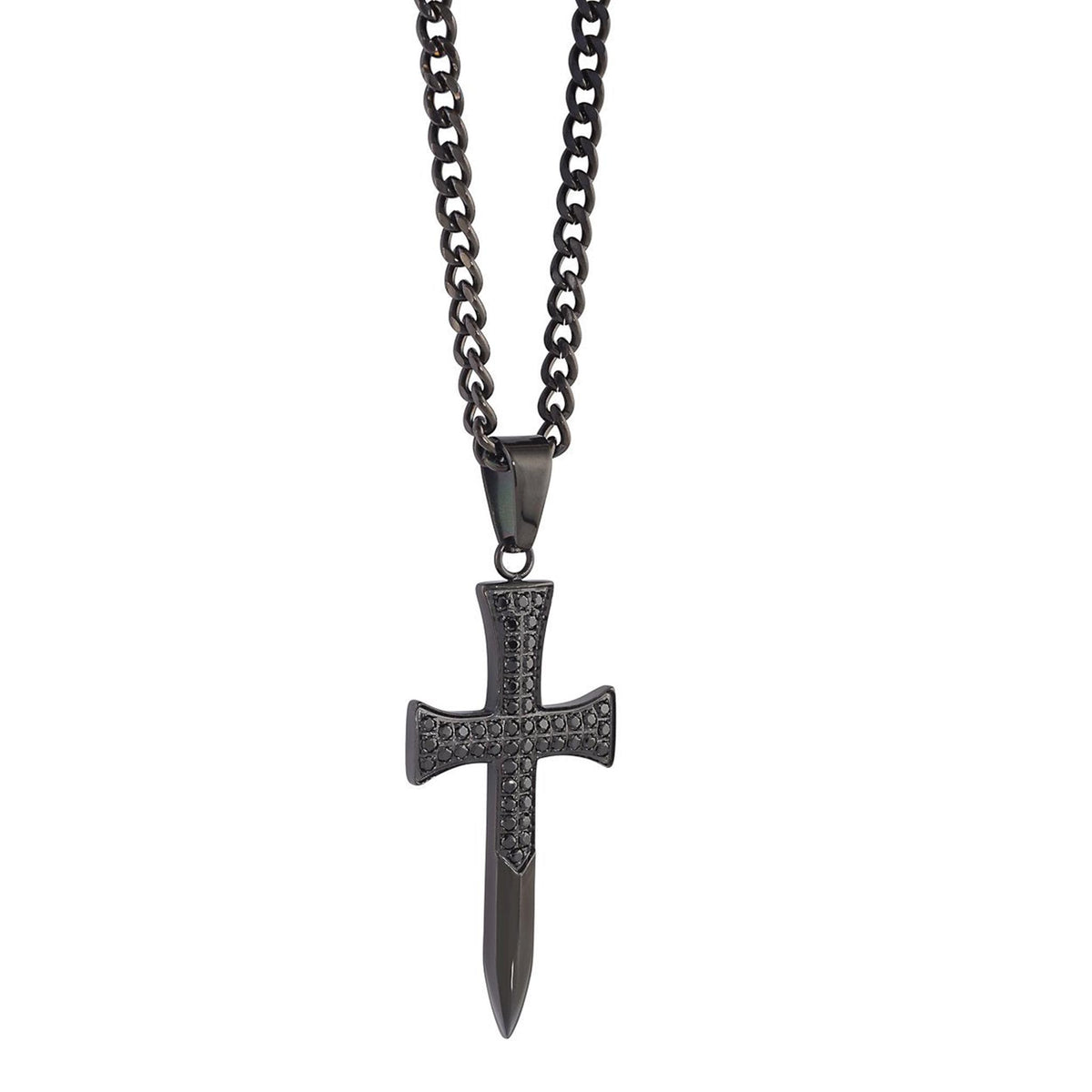 Stainless Steel Black IP Sword Cross with Black Cubic Zirconia