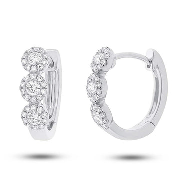 Shy Creation 14K White Gold 'Center Of My World' 12mm 3-Halo Diamond Hoop Earrings with .37cttw Diamonds