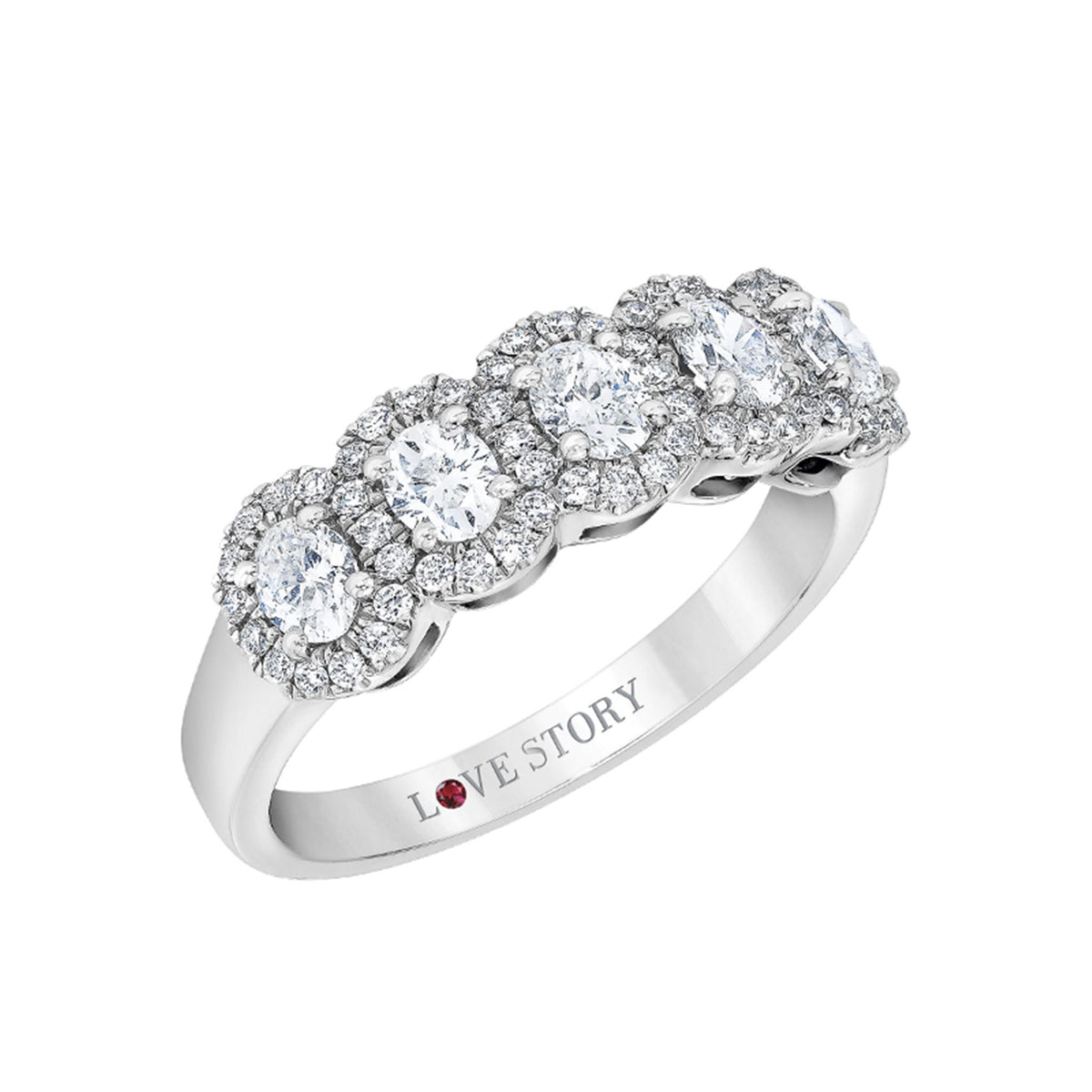 14Kt White Gold 5-Stone Oval Halo Ring With 1.00cttw Natural Diamonds