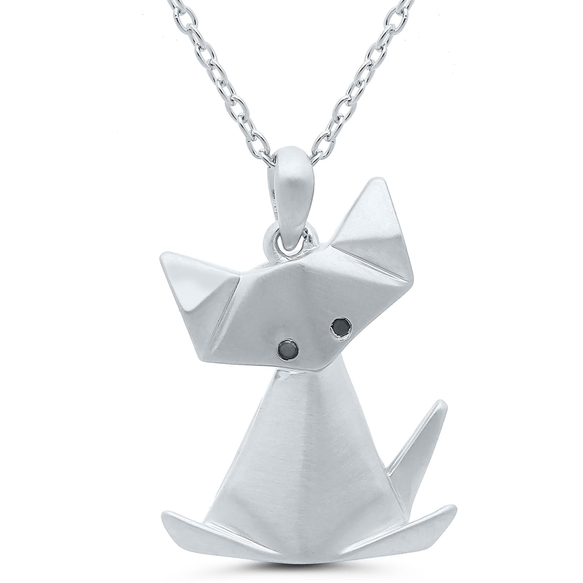 Sterling Silver Cat Origami Pendant With Black Diamond Eyes