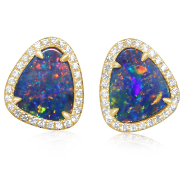 14Kt Yellow Gold Halo Earrings Gemstone Earrings with 3.97ct Australian Opals