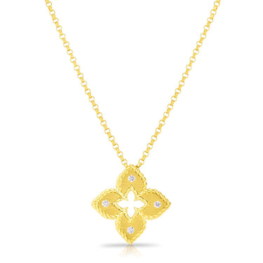 Roberto Coin 18Kt Yellow Gold Venetian Princess Diamond & Satin Finish Small Flower Necklace