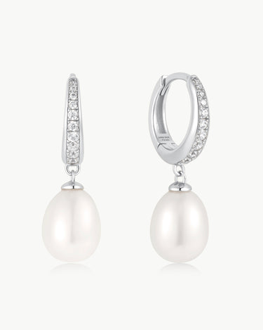 Ania Haie Pave Drop Huggie Earrings in Sterling Silver with Cubic Zirconia and Freshwater Pearls (8.5x1.5mm)