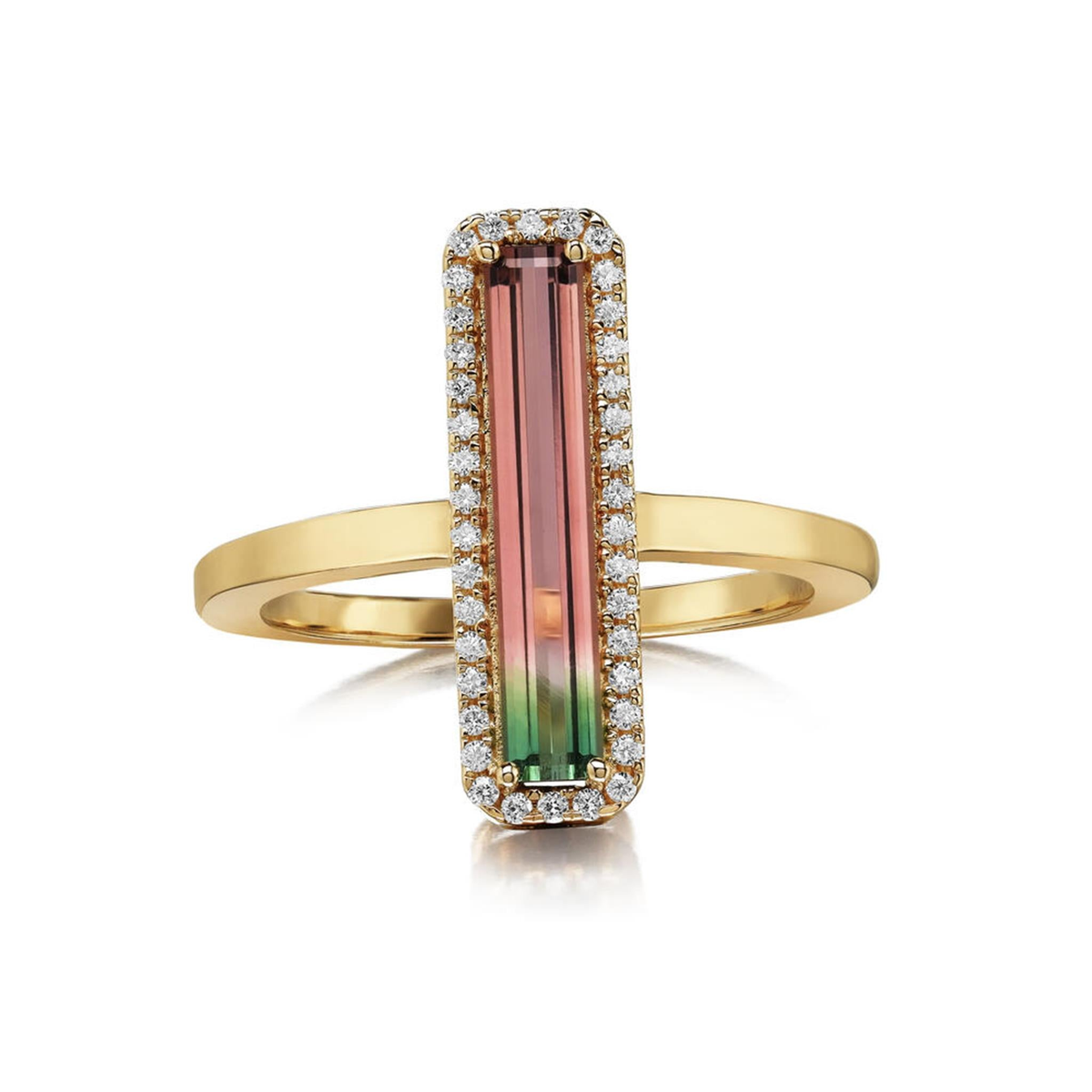 14Kt Yellow Gold Halo Ring with Bi-Color Tourmaline and Natural Diamonds